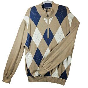 Glen Echo Mens Argyle Zip Pullover Sweater Size L Beige/Blue/White Golf Dad nerd
